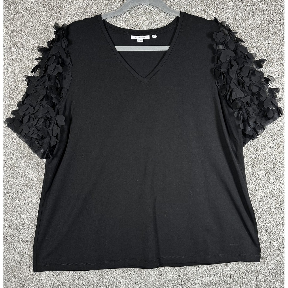 Chico's Applique Sleeve Tee‎ XL Black Cotton Stretch V Neck Whimsygoth Witchcore
